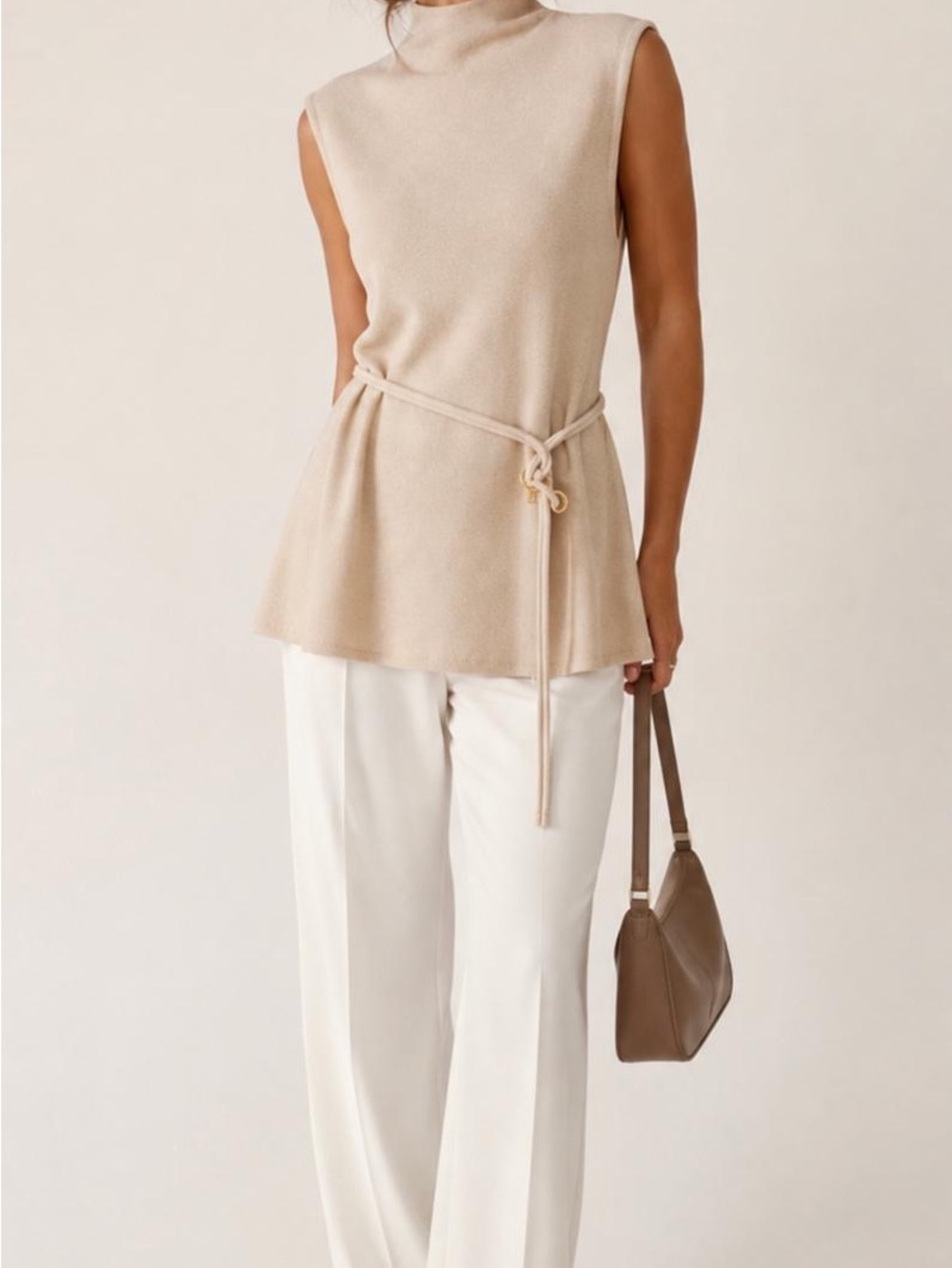 Truth Cream Sleeveless Turtleneck Midi Top with Self-Tie Belt